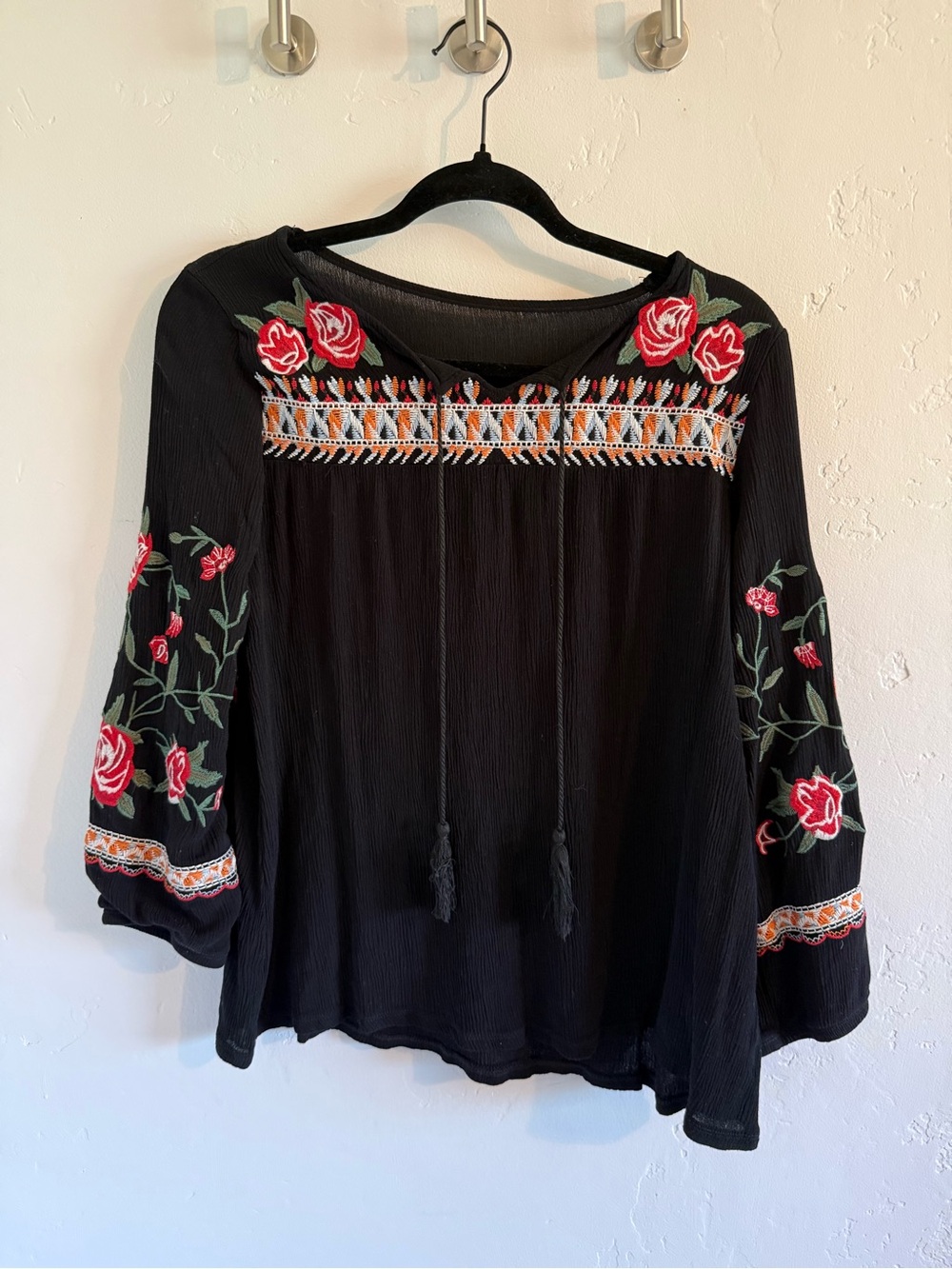 Black Embroidered Top with Red Roses unknown brand and size